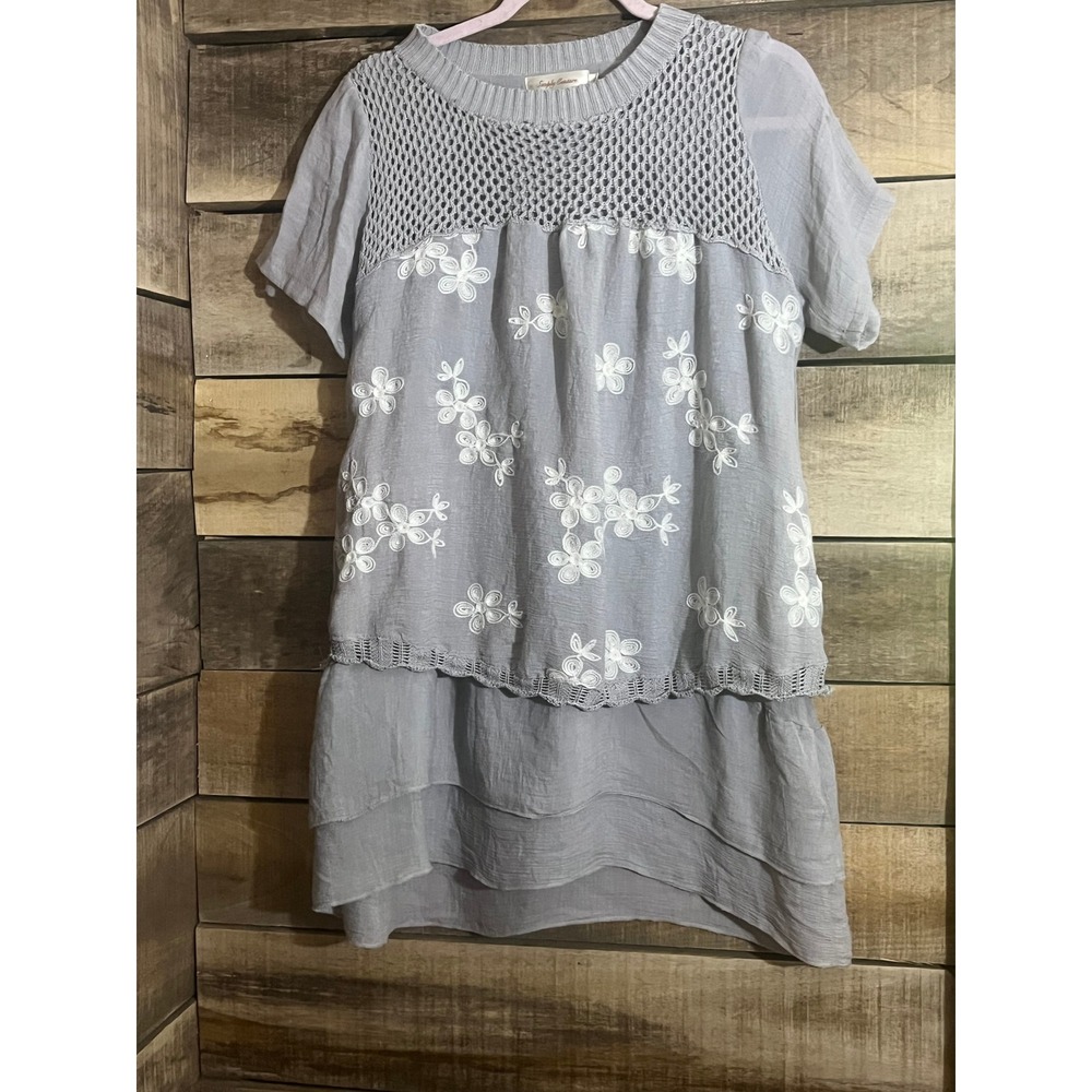 Simply Couture Womens Blue Gray Crochet Floral Embroidered Tiered Mini Dress S